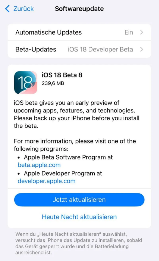 双柏苹果手机维修分享苹果 iOS / iPadOS 18 开发者预览版 Beta 8 发布 